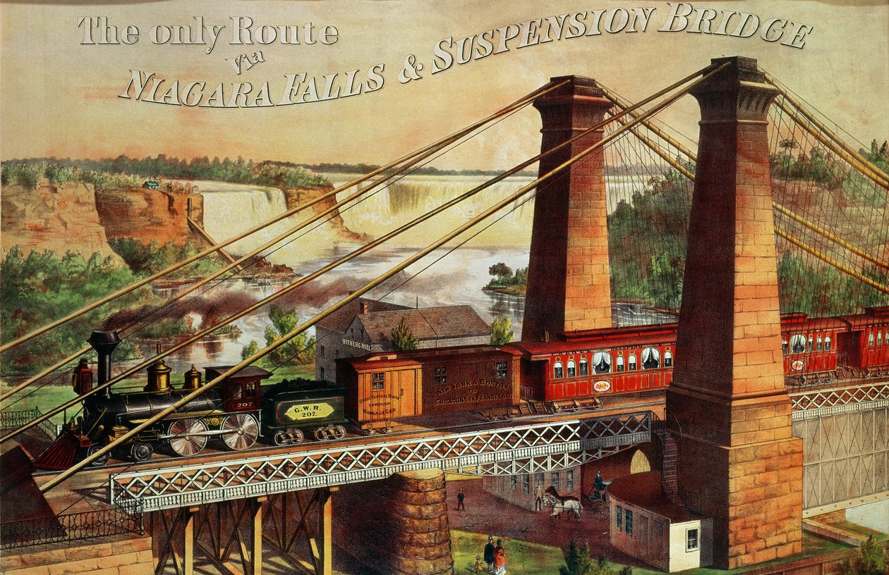 Az egyetlen útvonal a Niagara-vízesésen és a függőhídon keresztül, 1876 alkotó: American School
