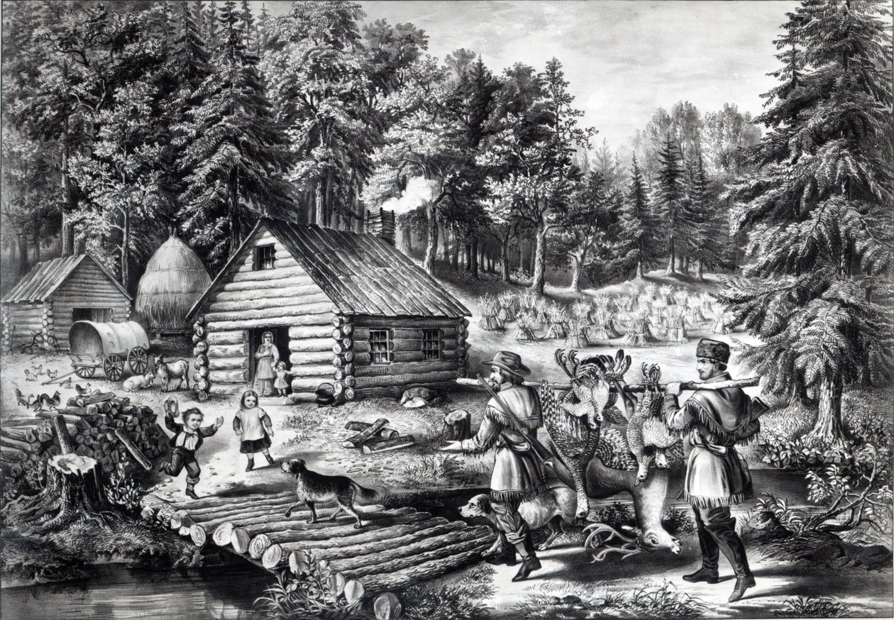 Az úttörőotthon a nyugati határon, kocsma. Currier und Ives, 1867 alkotó: American School
