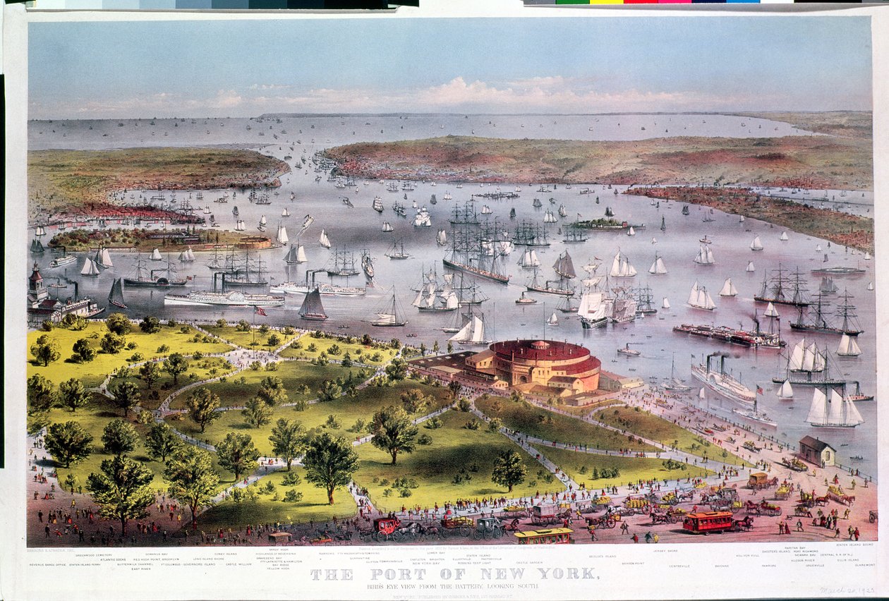 New York kikötője, madártávlat a Battery felől délre nézve, Parsons & Atwater metszet, kiadó: Currier & Ives, 1872 alkotó: American School