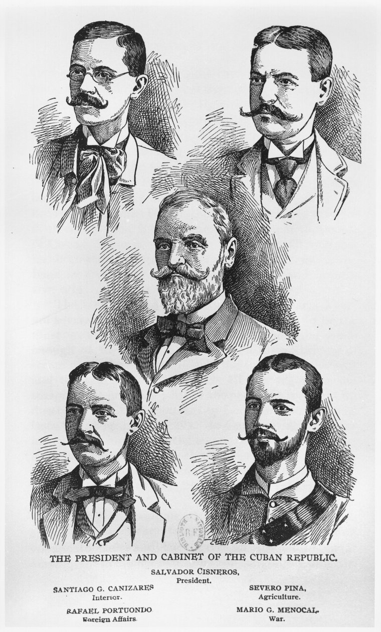 Salvador Cisneros Betancourt elnök (1828-1914) és a Kubai Köztársaság kabinetje, c. 1895, Murat Halstead, a Werner Company illusztrációja Kuba története című könyvéből, 1898-ban megjelent (metszet alkotó: American School