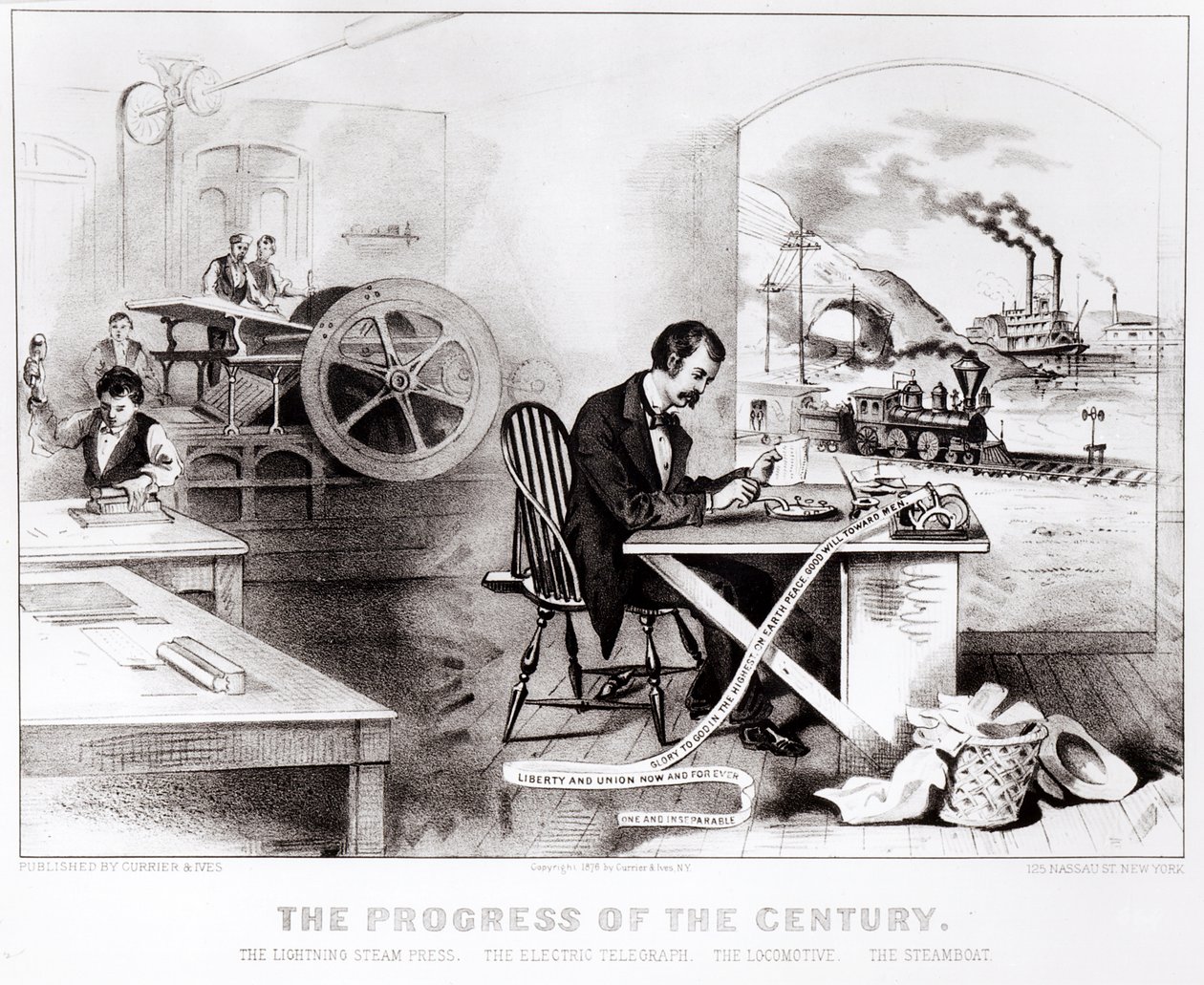Az évszázad előrehaladása: The Lightning Steam Press, az elektromos távíró, a mozdony és a gőzhajó, kocsma. Currier & Ives, 1876 alkotó: American School