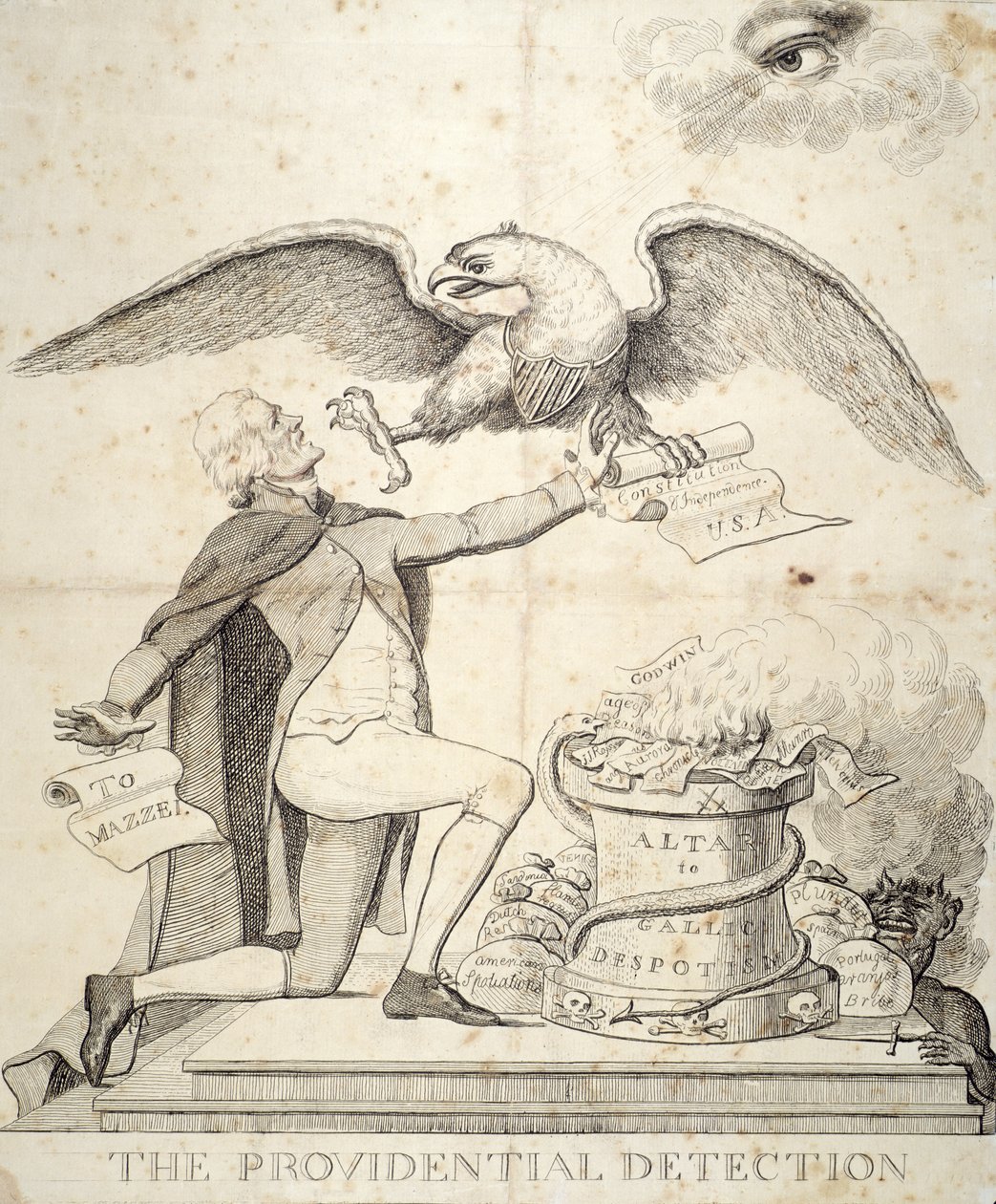 The Providential Detection, rajzfilm, amely Thomas Jeffersont (1743-1826) ábrázolja, aki megpróbálja lerombolni az alkotmányt alkotó: American School