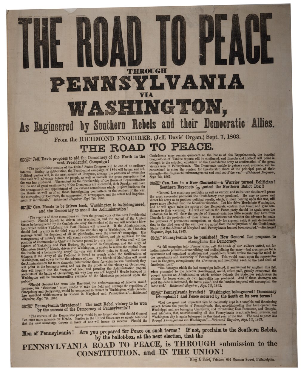 Az út a békéhez Pennsylvanián keresztül Washingtonon keresztül, a déli lázadók és demokrata szövetségeseik, King & Baird (1839-1876) által, 1863. szeptember 7. alkotó: American School