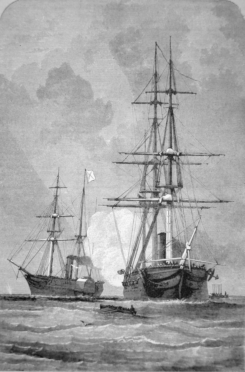 A "San Jacinto" megállítja a "Trent"-et, 1861. november 8. (metszet) alkotó: American School