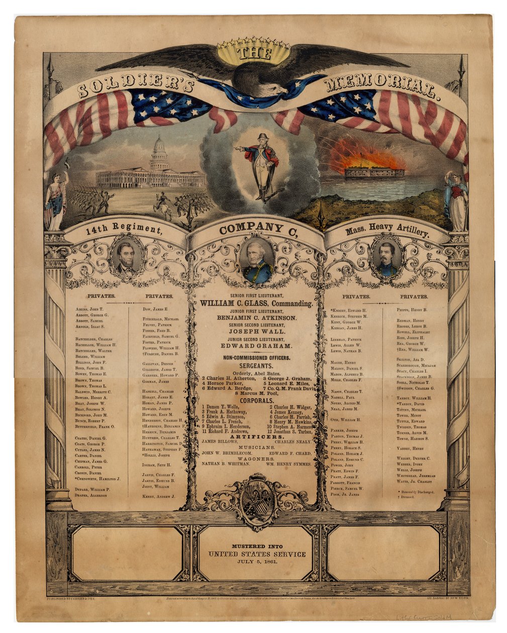 The Soldiers Memorial: 14. ezred, C század, Mass. Heavy Tüzérség, pub. Currier & Ives, 1862 alkotó: American School