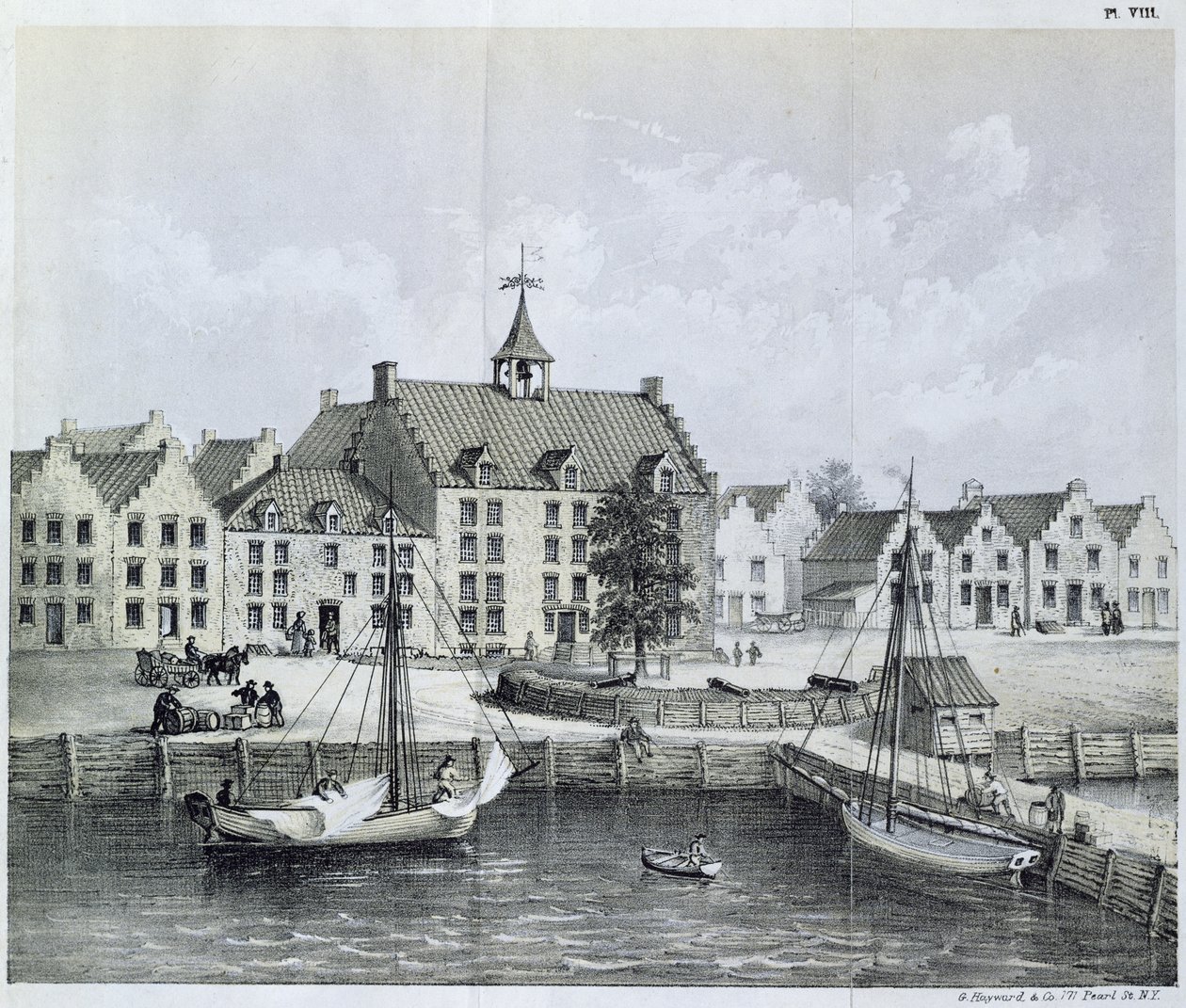 A New York-i Stadthuys 1679-ben, Corner of Pearl Street és Coentijs Slip, a Journal of a Voyage to New York 1679-80-ból Jasper Danckaerts (sz. 1639) és Peter Sluyter (1645-1722) 1867-ben. alkotó: American School
