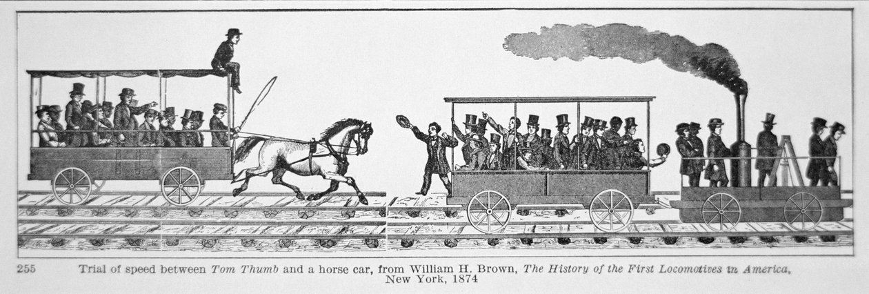 A „Tom Thumb Locomotive” lovaskocsival versenyez, William H. Brown 1830-as „Az első mozdonyok története Amerikában” című művéből (litho) alkotó: American School