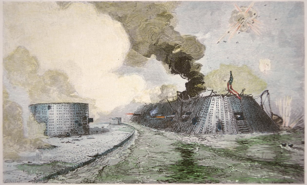 A USS „Monitor” a CSS „Merrimack” ellen harcol a Hampton Broads-i csatában az amerikai polgárháború alatt, 1862. március 9. (színes litó) alkotó: American School