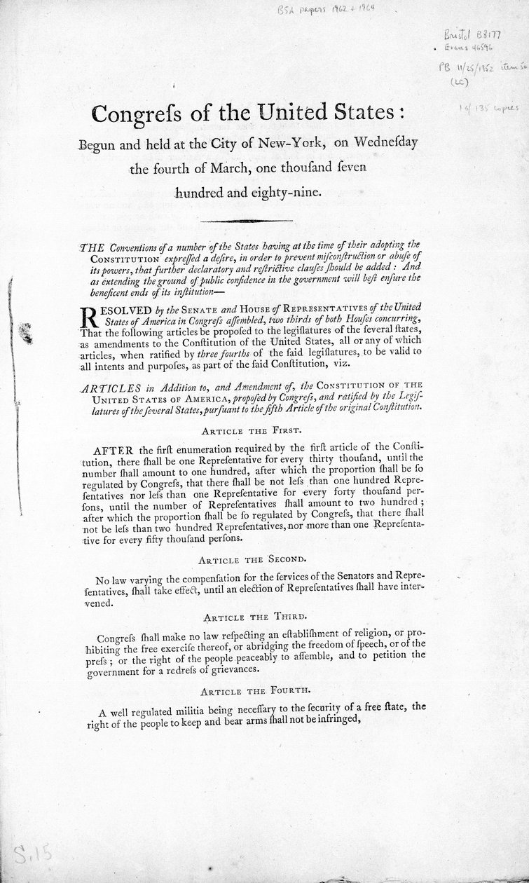 Az Egyesült Államok Bill of Rights, elkészült 1789 (nyomtatott) alkotó: American School