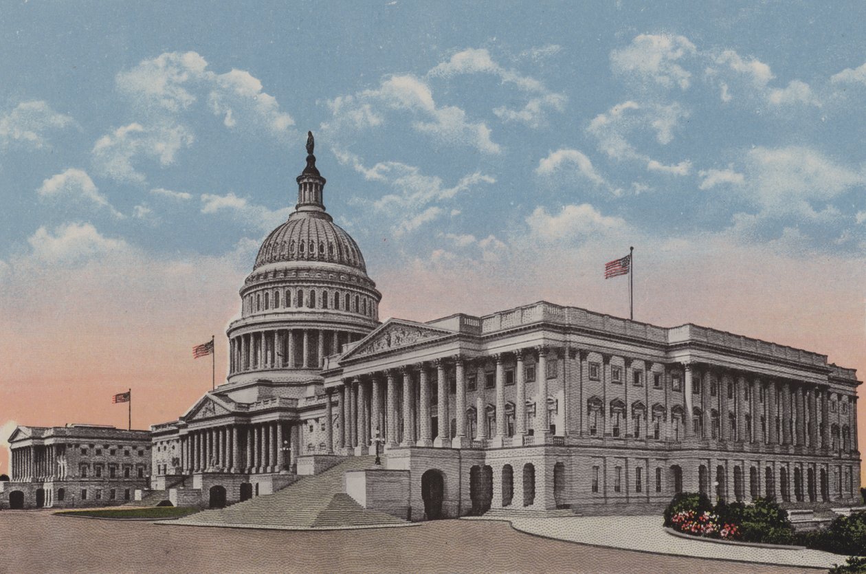 Az Egyesült Államok Capitoliuma, Washington DC (színes litográfia) alkotó: American School