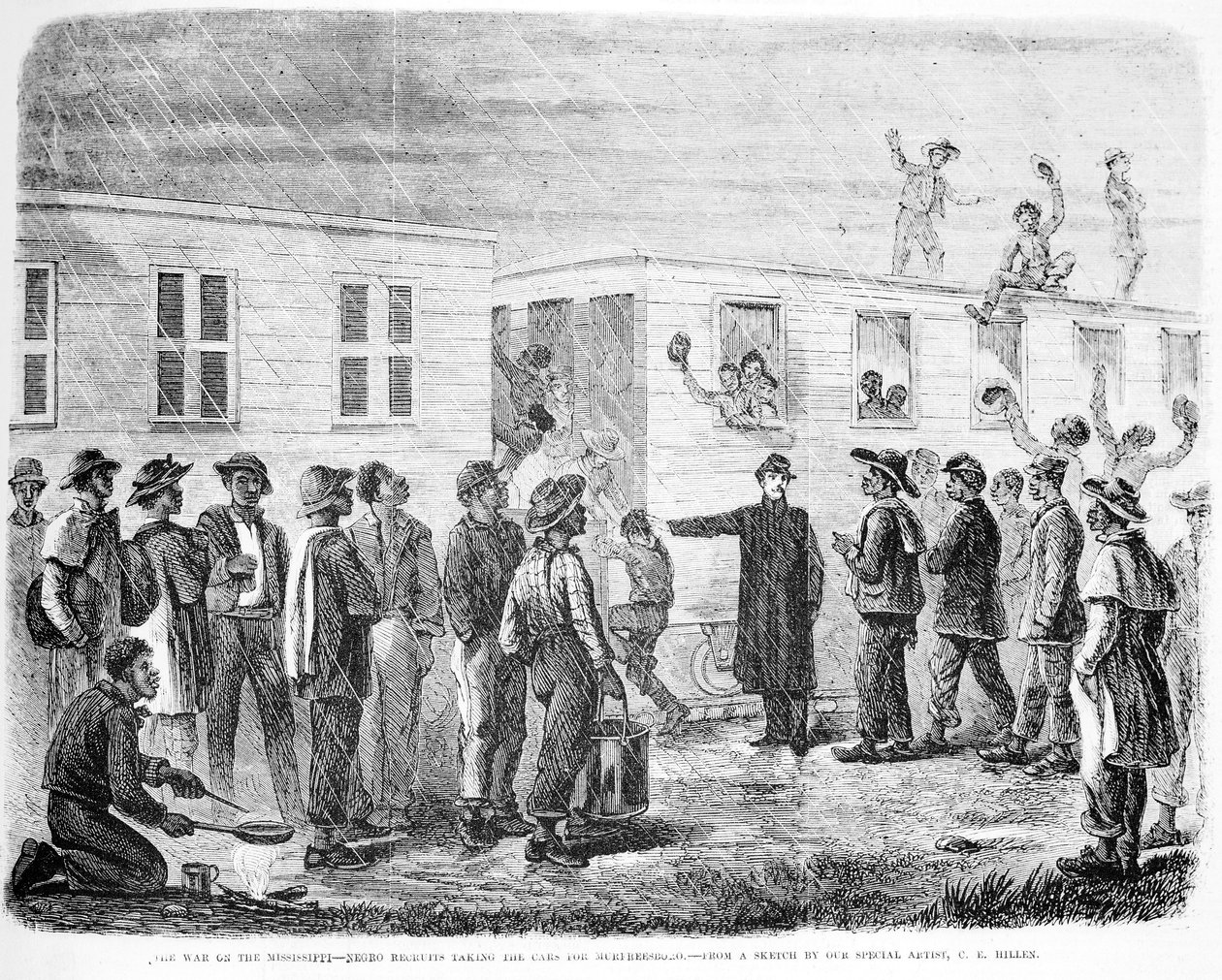 The War on Mississippi Negro toborzók autóba szállva Murfreesboróba, a Frank Leslies Illustrated Newspapertől, 1864. május alkotó: American School