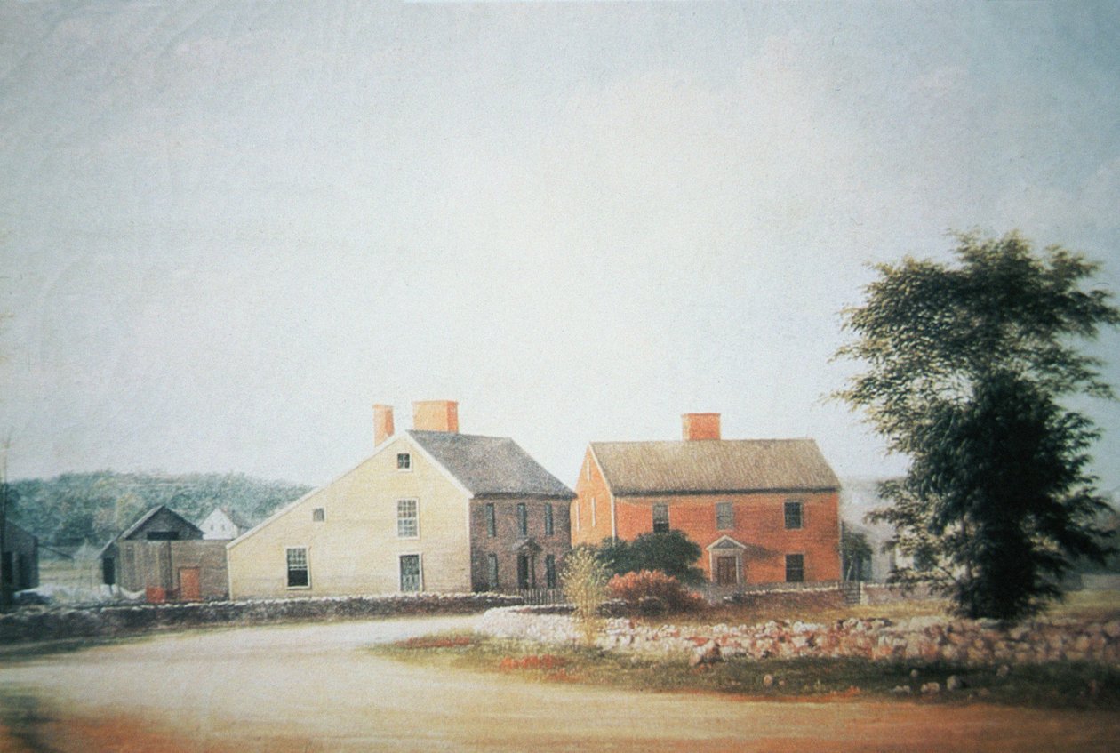 John Adams (1735-1826) szülőhelye Braintree-ben, ma Quincy, Massachusetts (színes litho) alkotó: American School