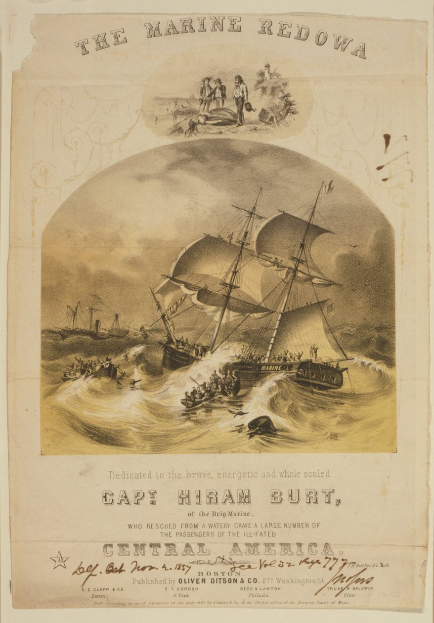 A brig Marine mentőcsónakos utasokat mentett ki az SS Central America gőzösről, miután 1857 szeptemberében hurrikánba került a Carolinas partjainál. Több mint 550-en vízbe fulladtak, és 30 000 font (14 000 kg) kaliforniai arany veszett oda. alkotó: American School