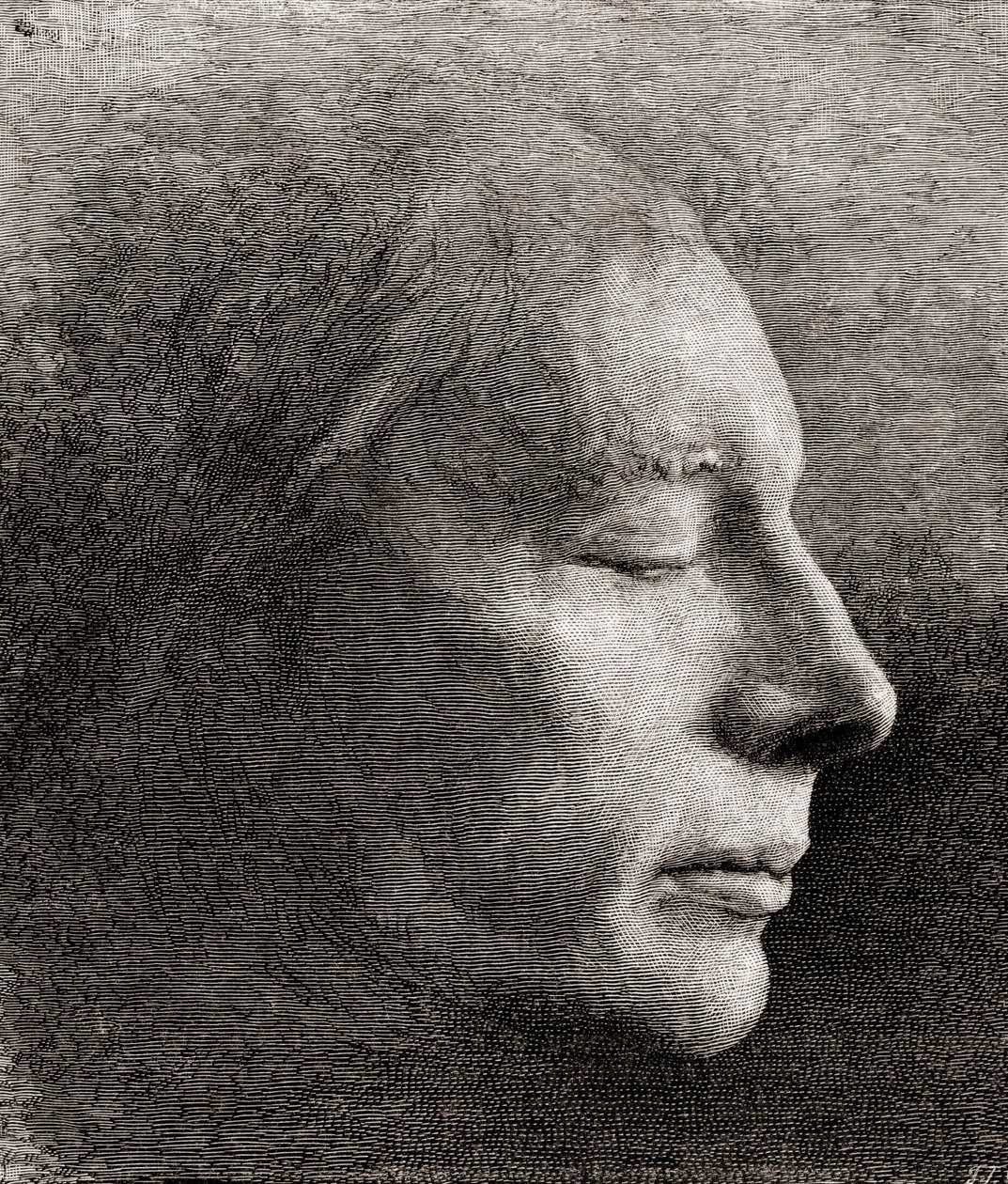 John Keats halotti maszkja, a "The Century Illustrated Monthly Magazine"-ból, 1884-ben jelent meg (metszet). alkotó: American School