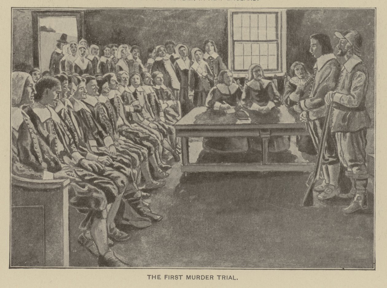Az első gyilkossági per New Englandben (litográfia) alkotó: American School