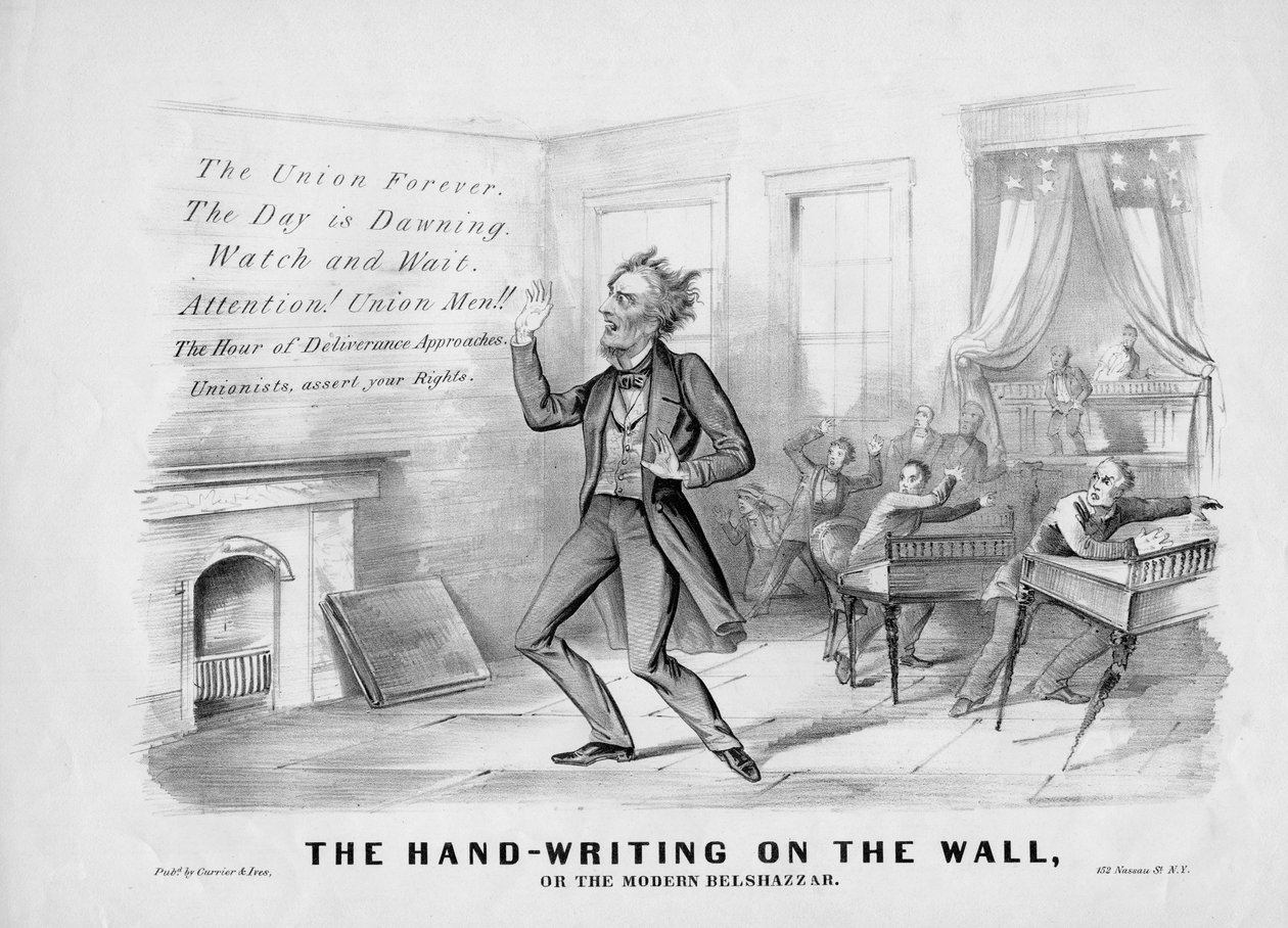 A kézírás a falon, vagy A modern Belsazár, kiadó: Currier & Ives, New York, 1864 körül alkotó: American School
