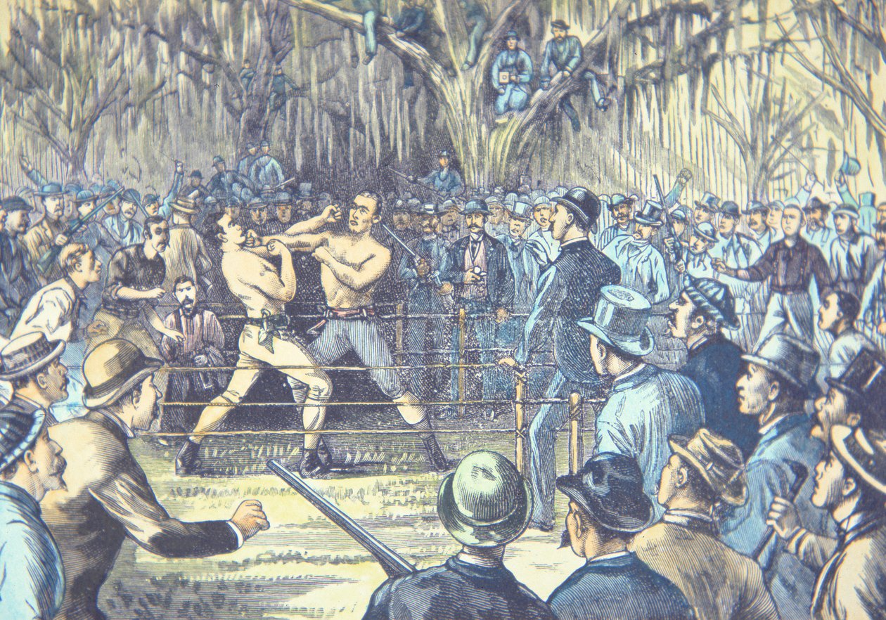 Az utolsó csupasz csülkös bokszbajnoki küzdelem 1889-ben, John L. Sullivan v. Jake Kilrain a Mississippi állambeli Richburgban (színes litó) alkotó: American School