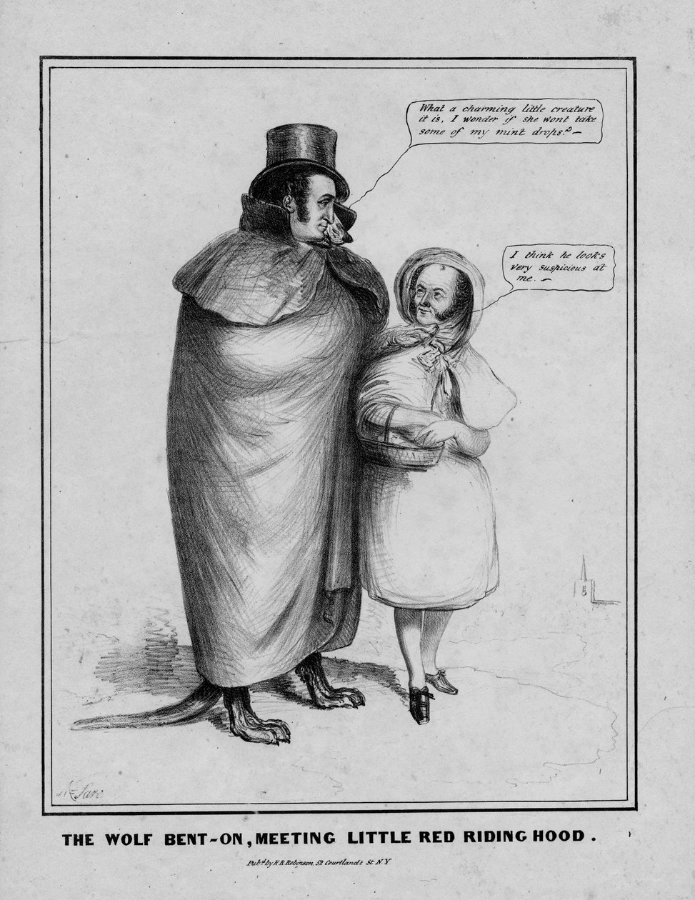 A farkas hajlott, találkozik Piroska, kiadó: H R Robinson, New York, 1840 körül alkotó: American School