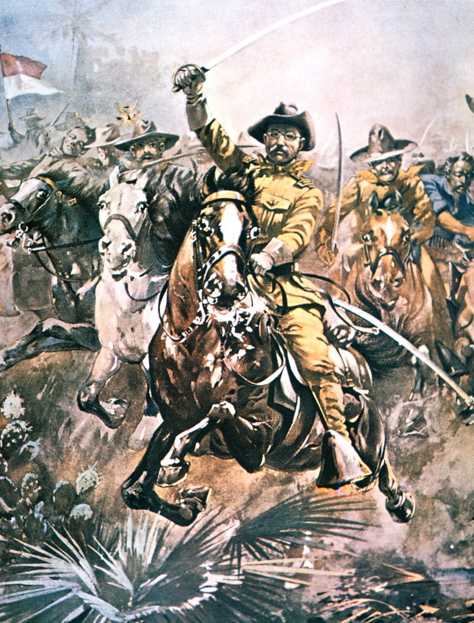 Theodore Roosevelt, aki a „Rough Riders”-et vezette a spanyol-amerikai háború alatt, W.G. Road festményének részlete alkotó: American School