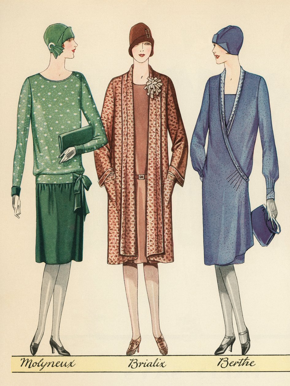 Három flappers francia tervezői ruhákat modellez alkotó: American School