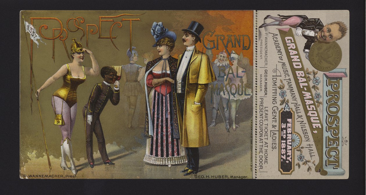 Jegy és kupon a Prospect Association nagyszabású álarcosbáljára a Zeneakadémián, a Tammany Hallban és a Nilsson Hallban, New York (kromolito) alkotó: American School