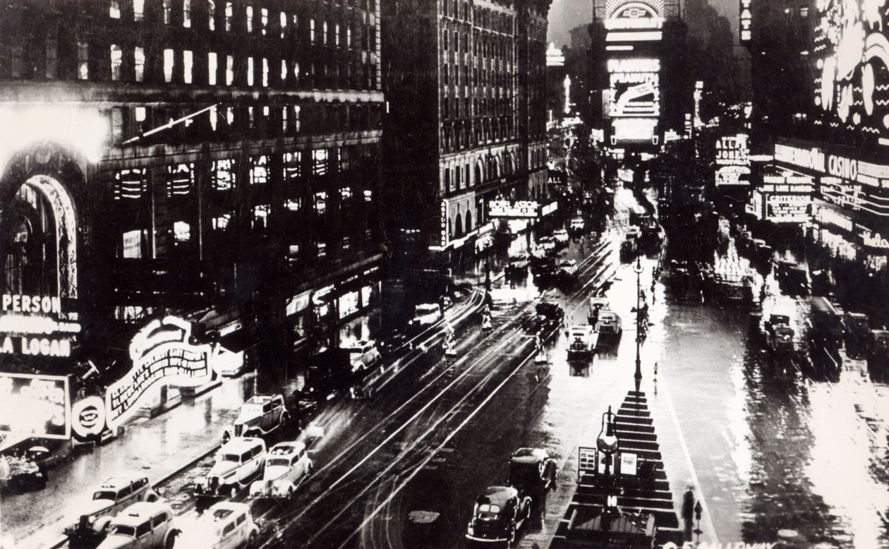 Times Square at Night, New York, 1930 körül (egy fénykép után) alkotó: American School