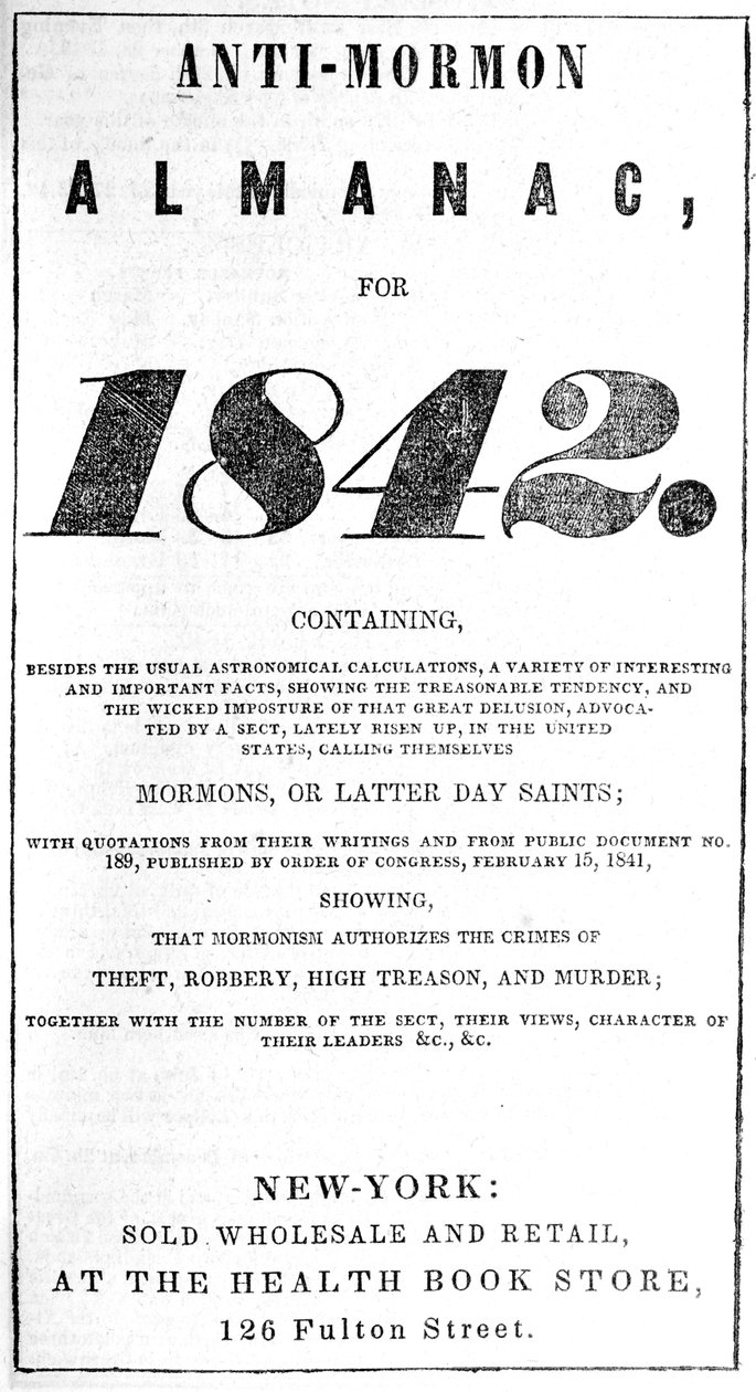 Az 1842-es Mormonellenes Almanach címlapja (nyomtatott) alkotó: American School