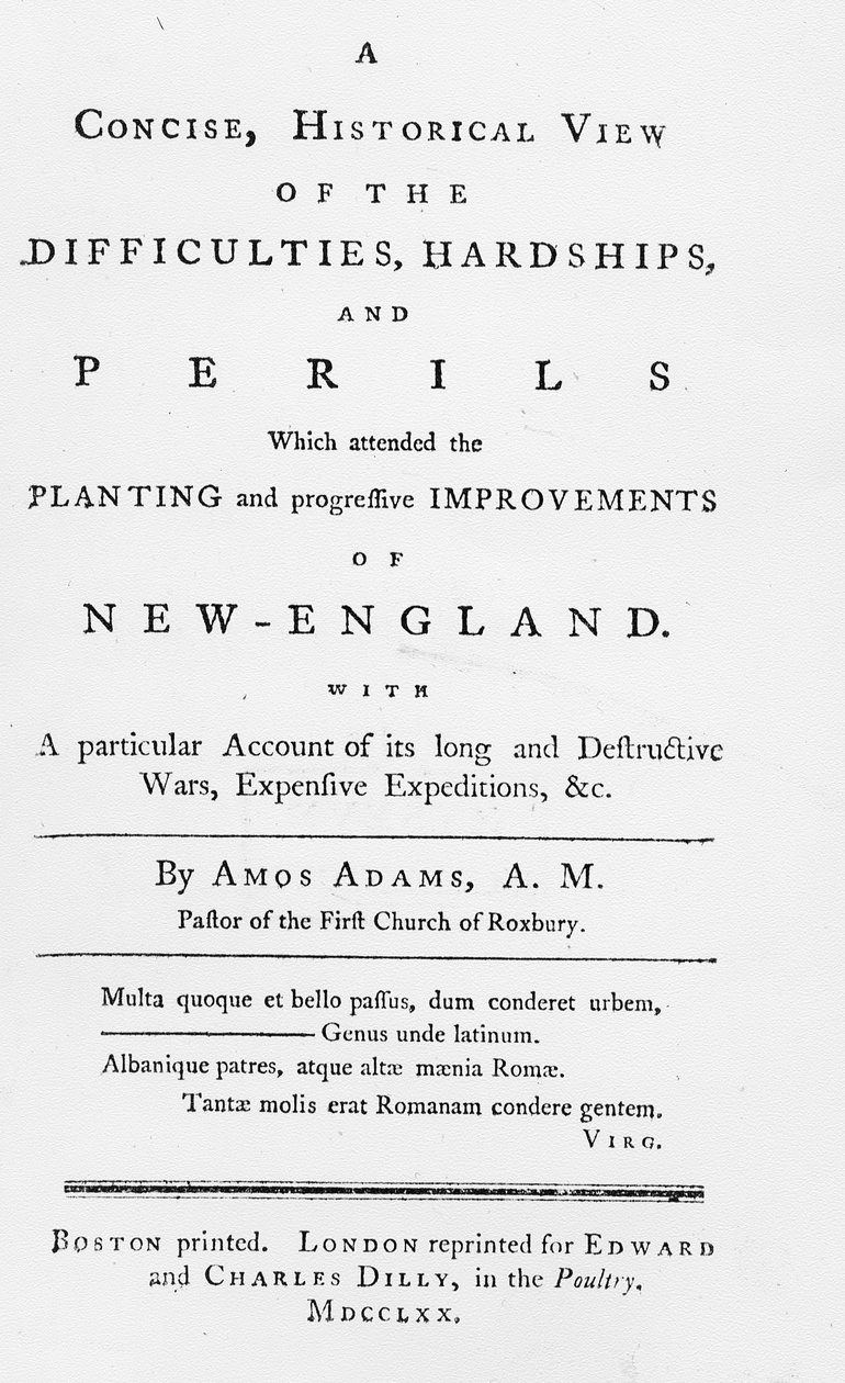 Címlap az 1770-es Új-Anglia ültetése és fokozatos fejlesztése során felmerülő nehézségek, nehézségek és veszélyek tömör, történelmi nézetéhez (nyomtatott papír) alkotó: American School