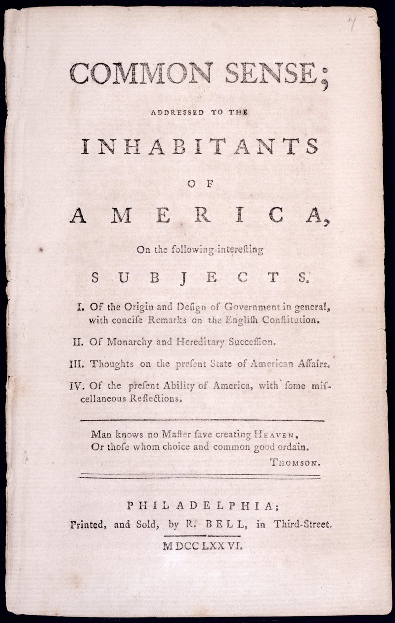 Címlap a józan észhez, Thomas Paine (1737-1809) 1776 (nyomtatott) alkotó: American School