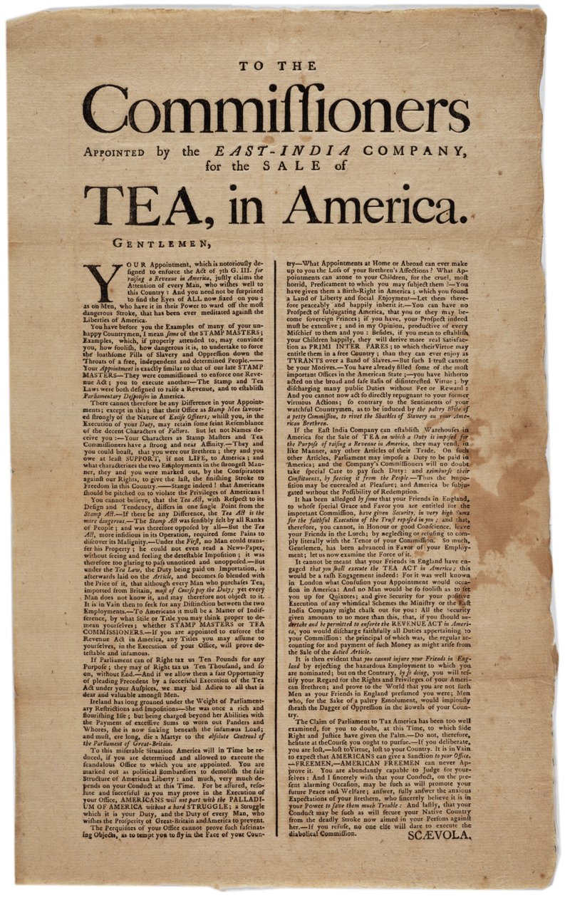 A Kelet-India Társaság által a tea értékesítésére kinevezett biztosokhoz Amerikában, aláírva: Scaevola, 1773 alkotó: American School
