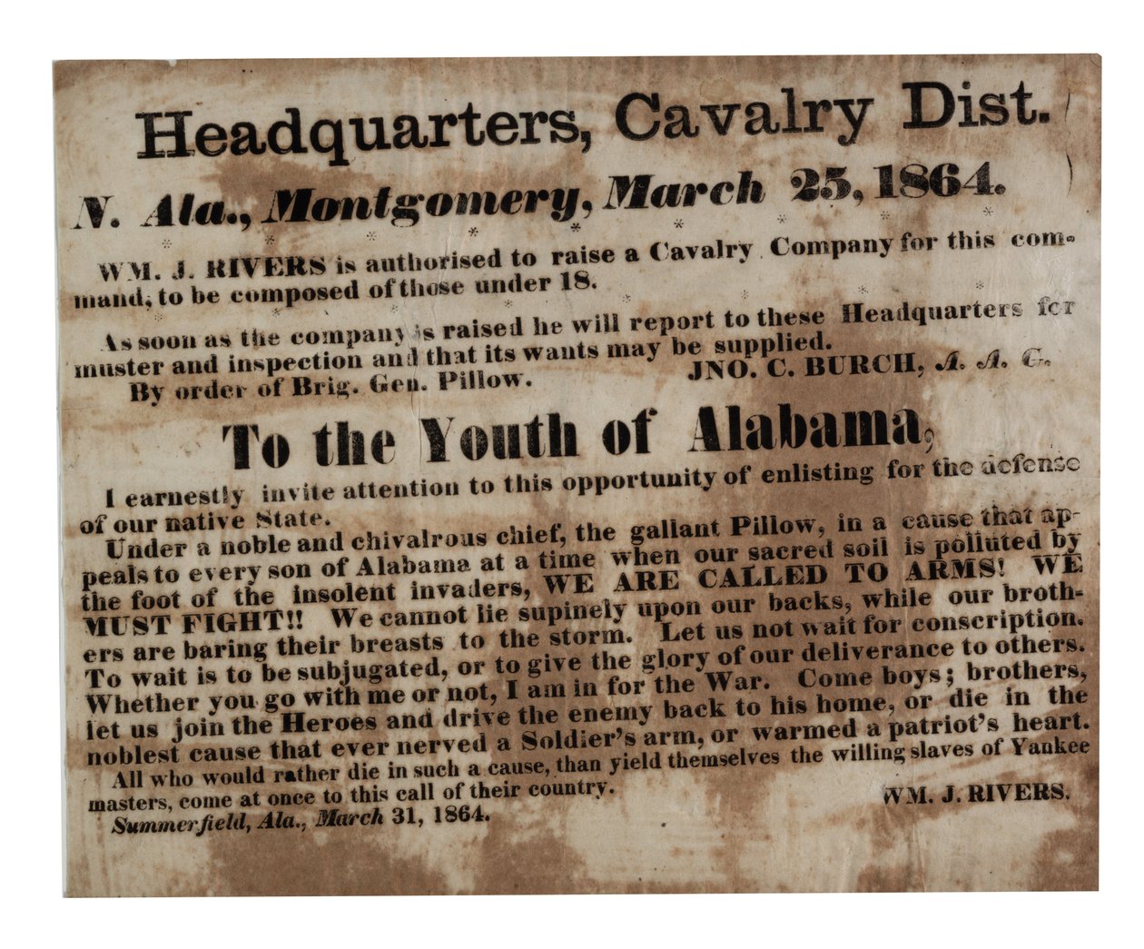 Alabama ifjúságának: Fegyverbe szólítunk! (toborzás széles oldal), 1864. március 25 alkotó: American School