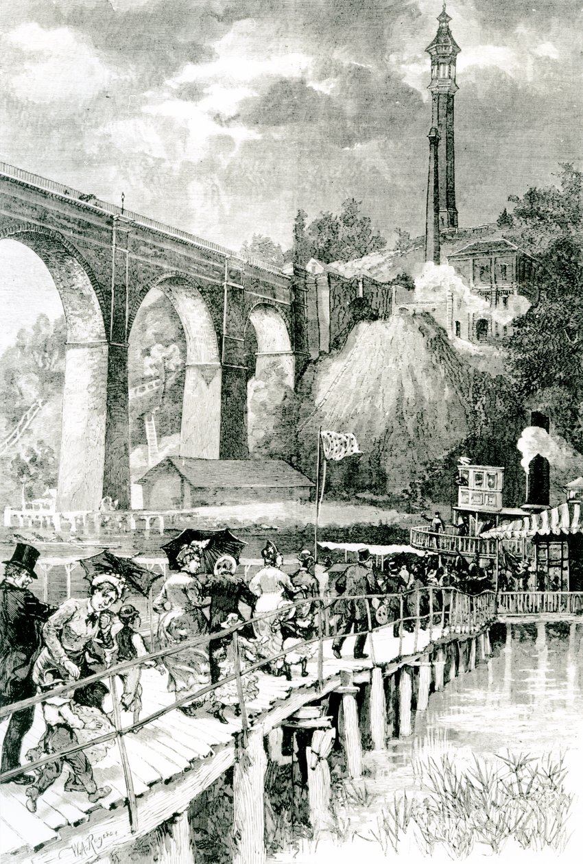 Turisták visszatérnek gőzhajójukhoz a Harlem folyón, a bal oldalon a High Bridge-tel, W.A Rogers metszetével a Harpers Weekly számára, 1880. július 24. alkotó: American School