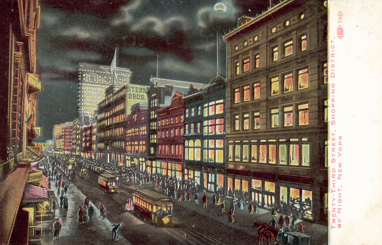 Huszonharmadik utcai bevásárló negyed, New York, éjszaka (színes litográfia) alkotó: American School