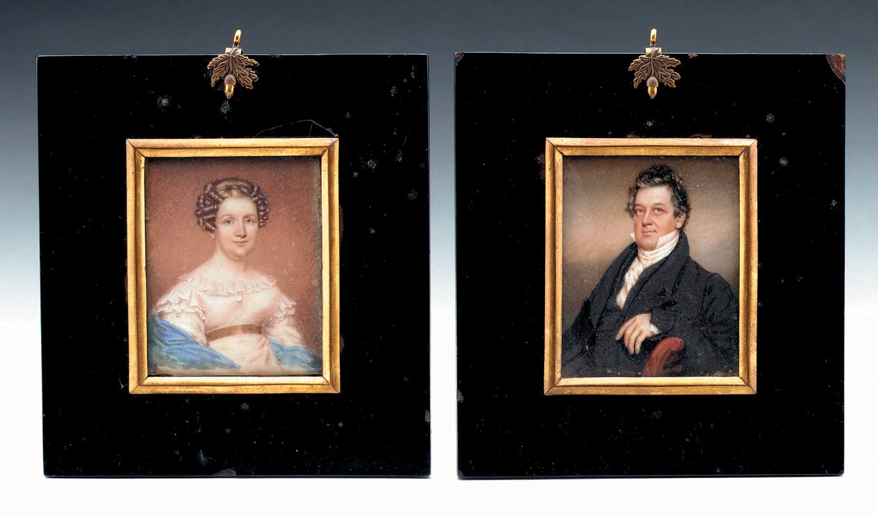 Két miniatűr Arent Schuyler de Peyster kapitányról és feleségéről, Sarah Macombról (akvarell elefántcsonton) alkotó: American School