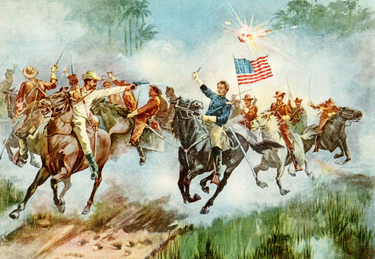Az Egyesült Államok durva lovasai egy spanyol előőrsre bélyegeznek Kubában a spanyol-amerikai háború alatt, 1898 alkotó: American School