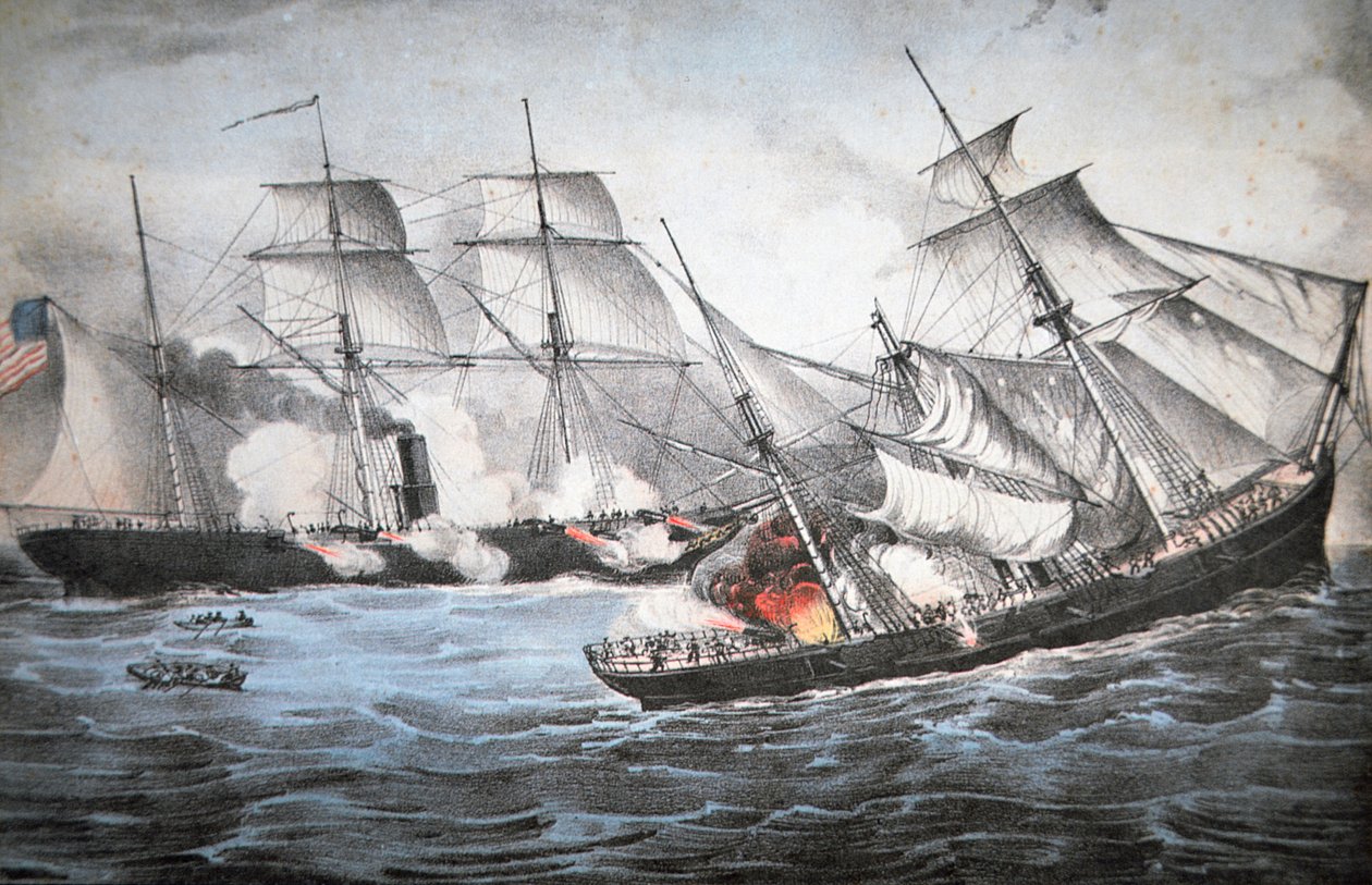 Az amerikai Sloop "Kearsage" elsüllyeszti a Conföderate Raider "Alabamát" Cherbourgnál alkotó: American School