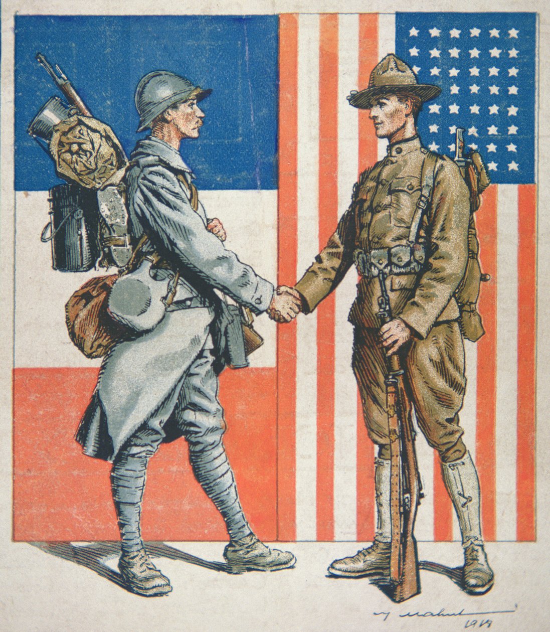 Amerikai katona kezet fog egy francia katonával, Amerika belépése az első világháborúba alkotó: American School