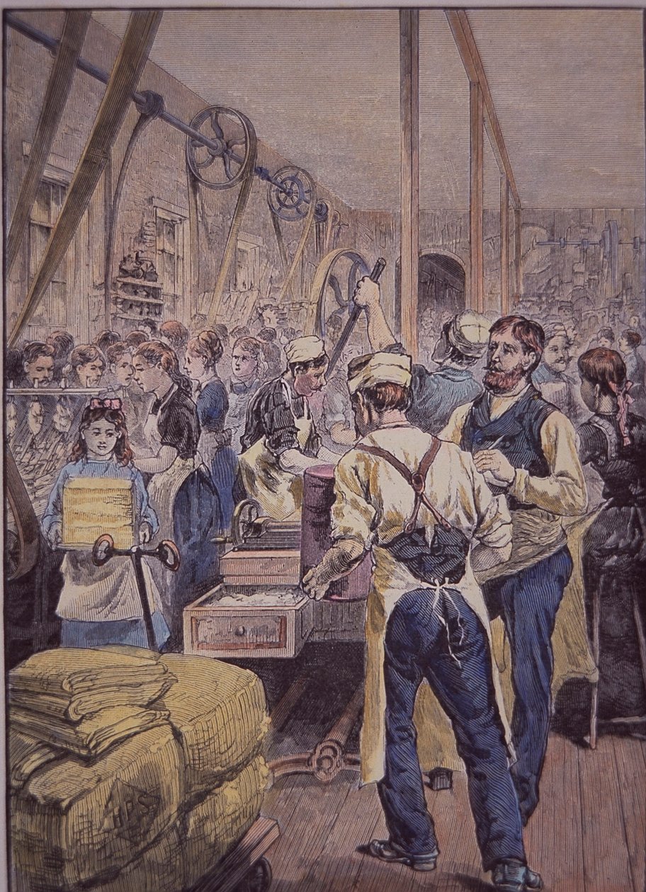 Amerikai textilipar, északi textilgyár, 1870 körül (színes metszet) alkotó: American School