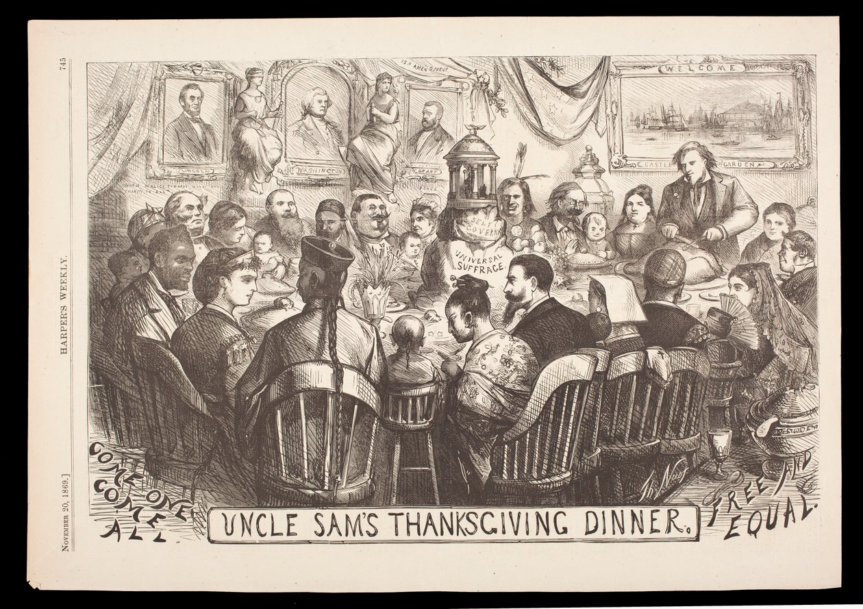 Thomas Nast „Uncle Sam’s Thanksgiving Dinner” metszet, Harper’s Weekly, november 20. alkotó: American School