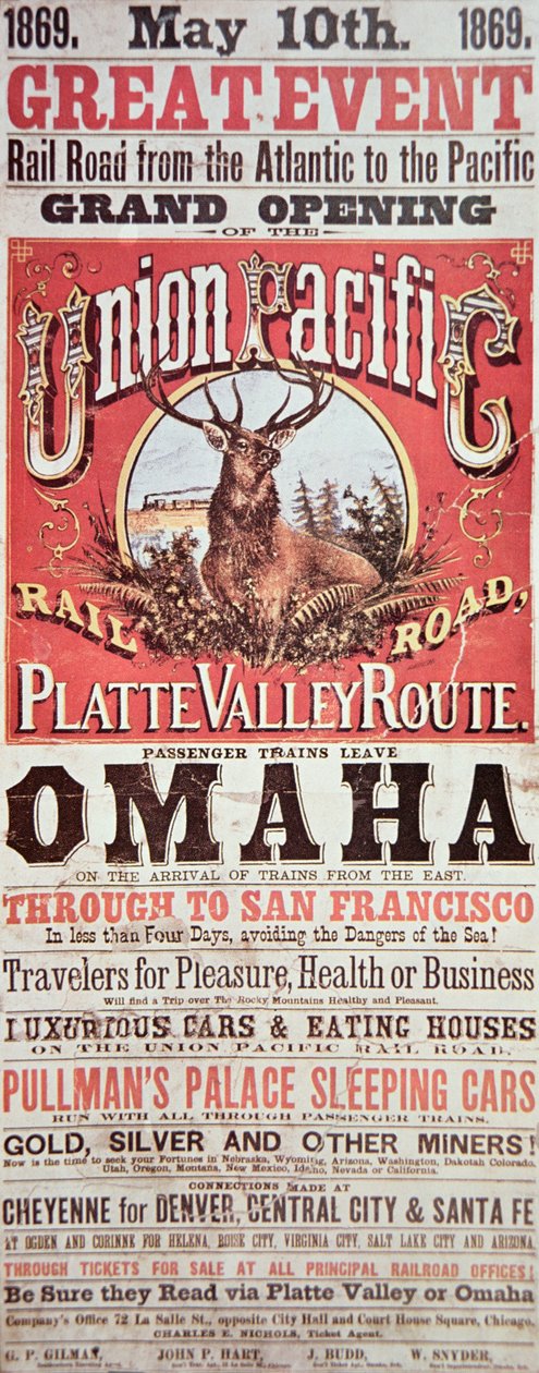 A Union Pacific Railroad plakátja az első transzkontinentális vasutat hirdeti szerte az Egyesült Államokban alkotó: American School