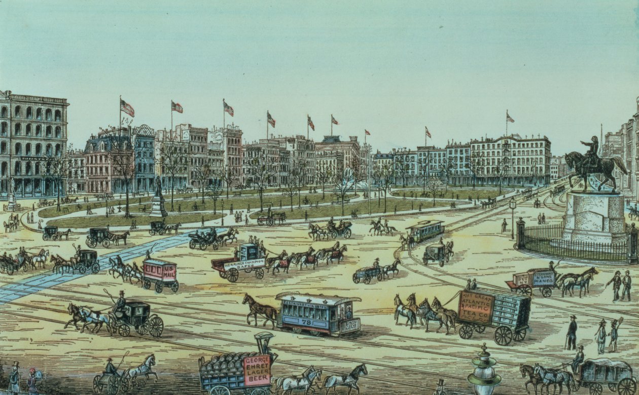 Union Square és Fourteenth Street to Seventeenth Street, a 48 Views of New York and Environs sorozatból, pub. írta Charles Magnus alkotó: American School