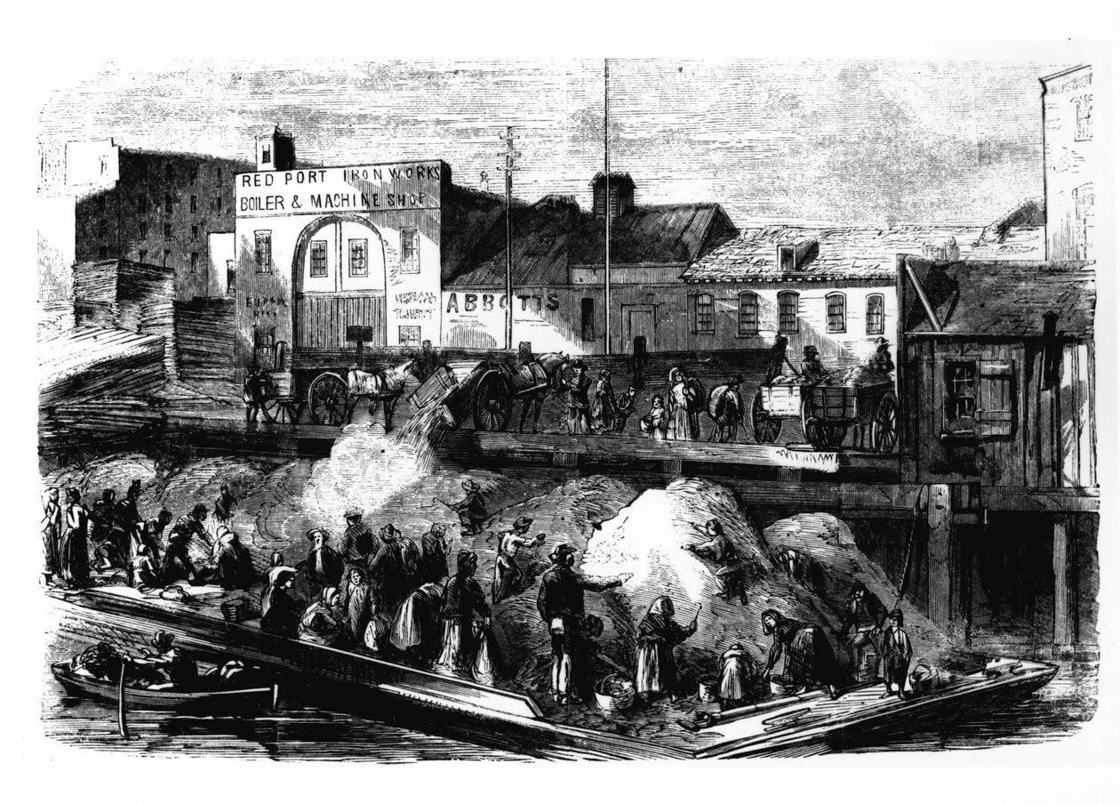 A csavargók rongyokat szednek eladásra a New York-i Beach Street szeméttelepről, 1870 körül alkotó: American School
