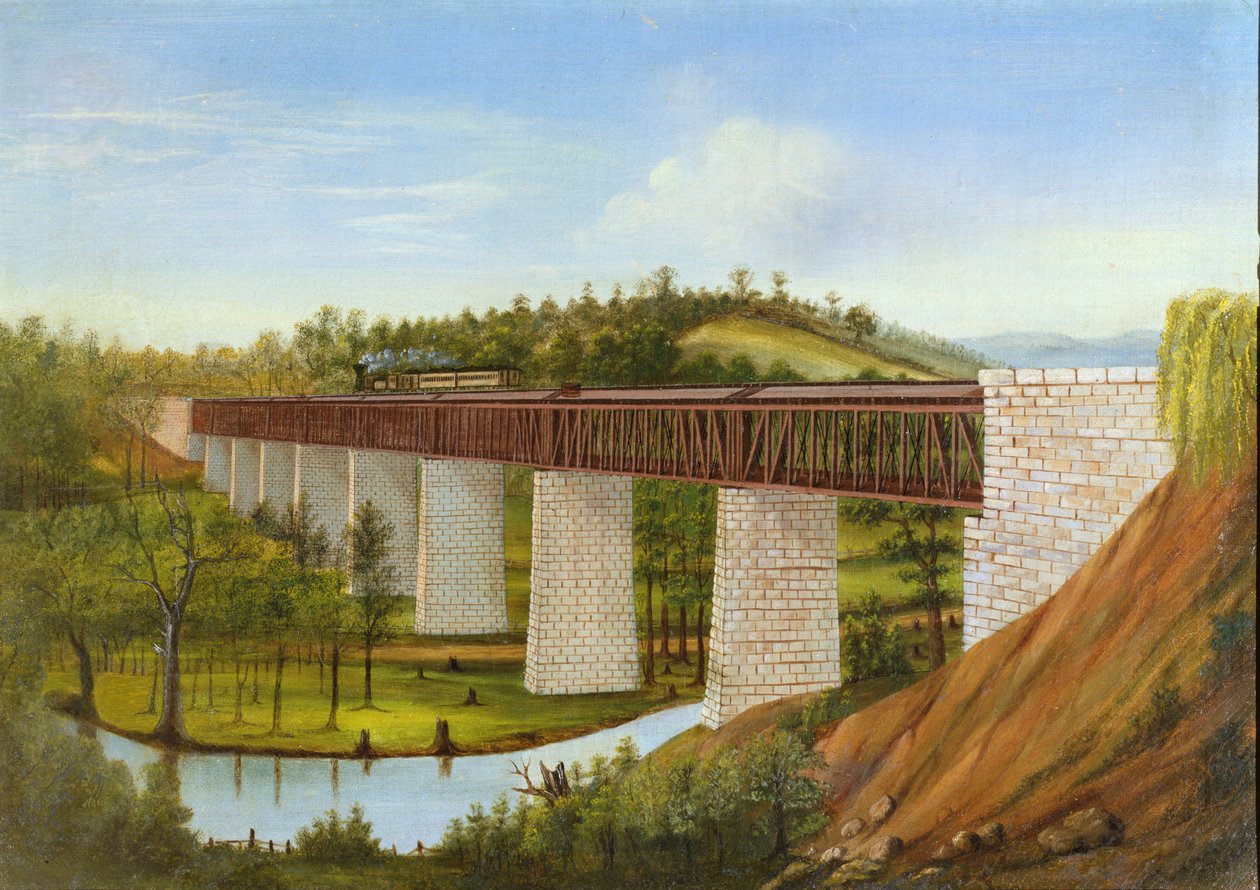 Kilátás a fedett hídra és a vasútra, 1870 körül alkotó: American School