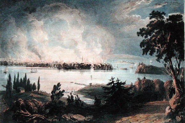 New York városának képe Weehawkról a nagy tűzvész idején, 1835. december 16., Day és Haghe metszet (színes litó) alkotó: American School