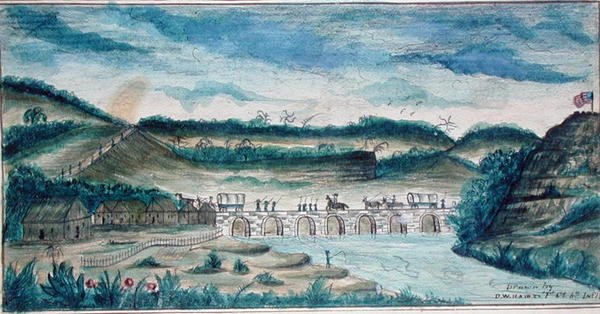 A Nemzeti híd látképe Santa Fe-ben, Mexikó (akvarell, papír) alkotó: American School