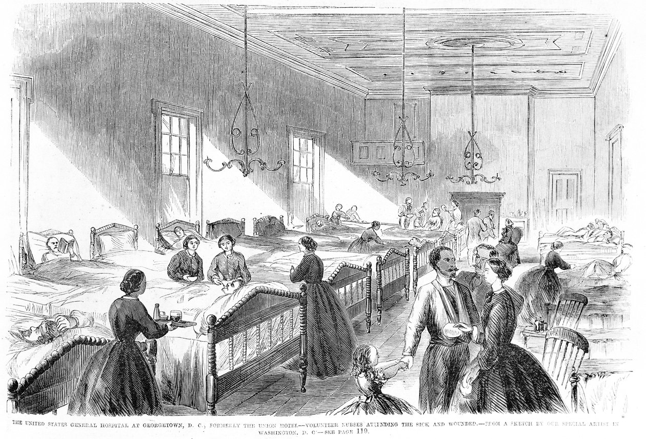 Önkéntes ápolónők, akik betegeket ápolnak a Georgetown-i amerikai általános kórházban, a Frank Leslies Illustrated Newspaperből, 1861. július 6. alkotó: American School