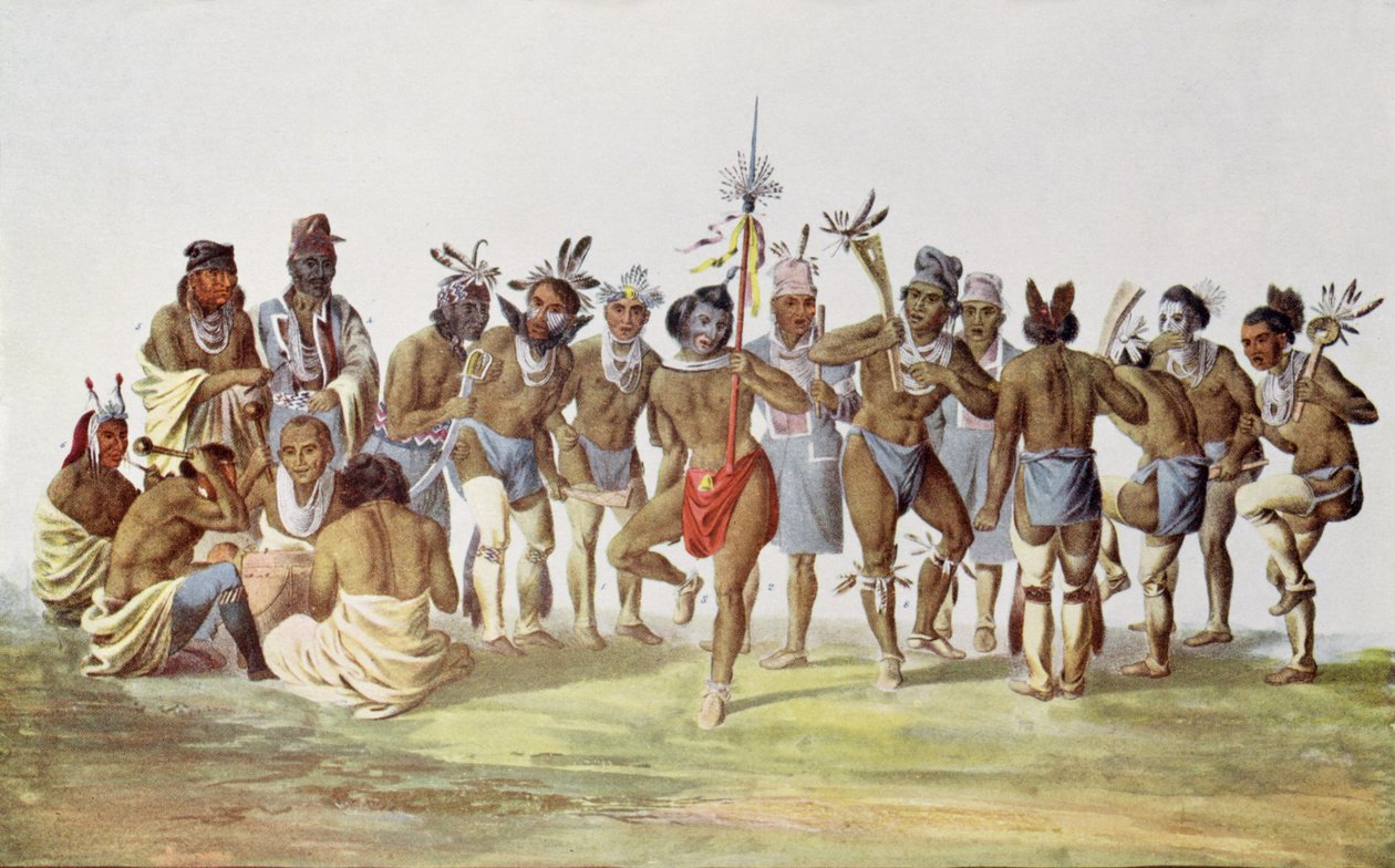 A szaukok és rókák háborús tánca, illusztráció a „The Indian Tribes of North America, Vol.1”, Thomas L. McKenney és James Hall, pub. írta John Grant alkotó: American School