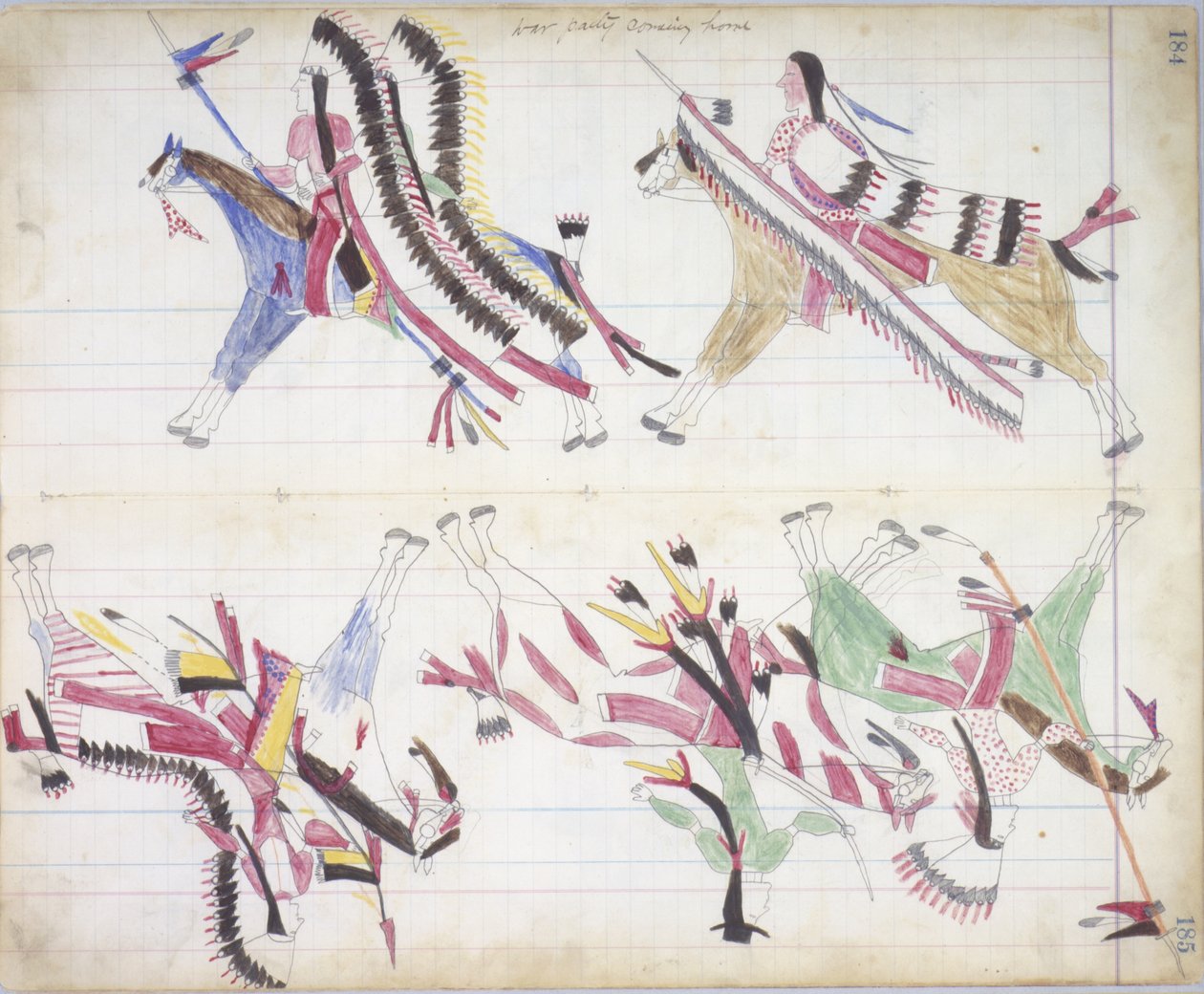 Hazaérkező háborús parti, illusztráció a Black Horse Ledgerből, 1877-79 (ceruza és zsírkréta papíron) alkotó: American School