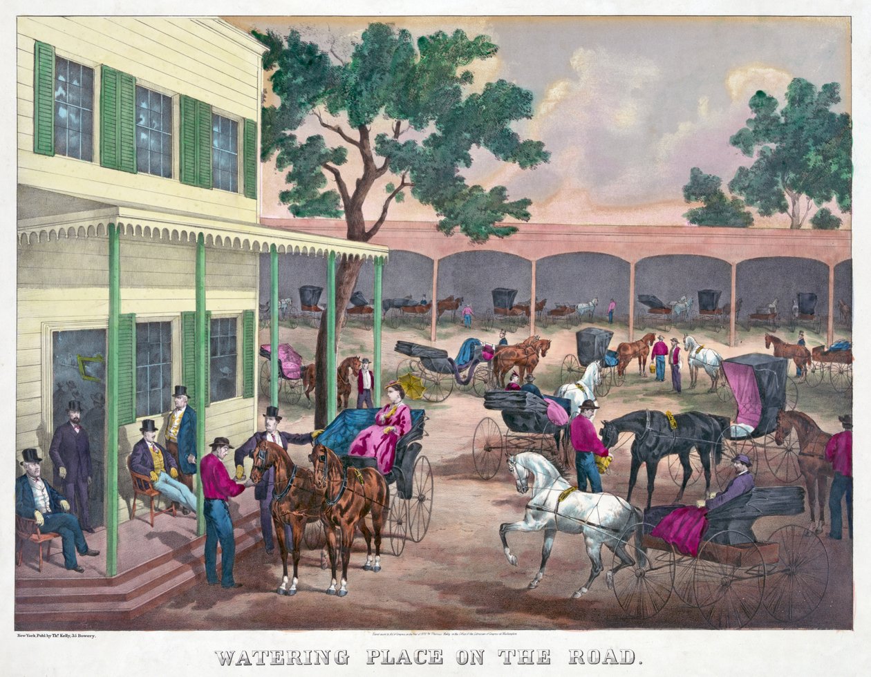 Öntöző hely az úton, kocsma. 1870 (kézzel színezett metszet) alkotó: American School