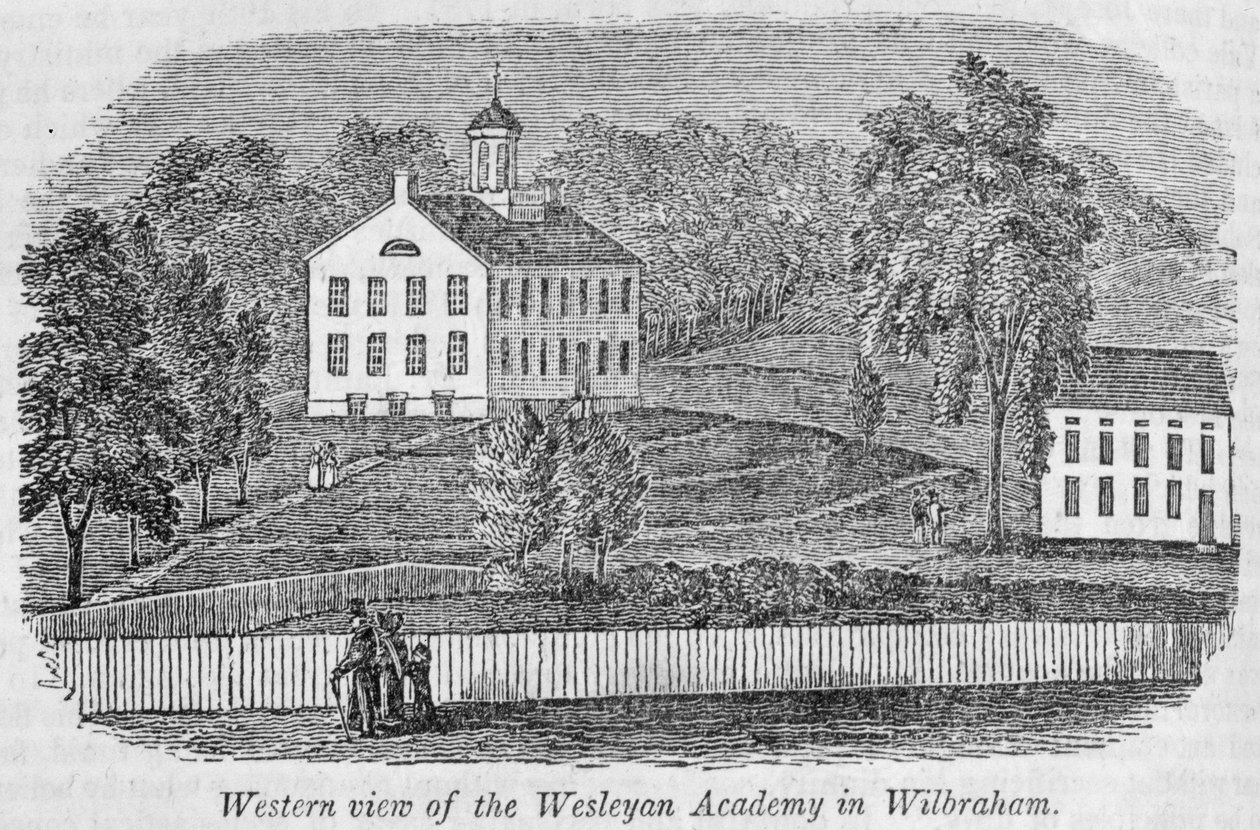 A wilbrahami Wesleyan Akadémia nyugati képe, "Massachusetts Történelmi Gyűjteményéből", John Warner Barber, 1839 (metszet) alkotó: American School
